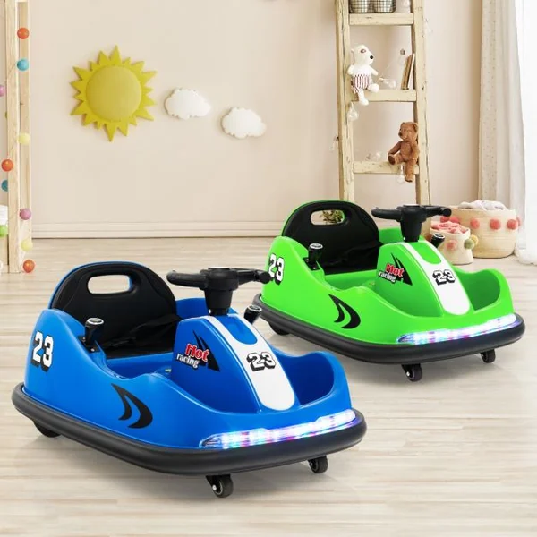 Auto Tamponneuse Électrique 360°/6V pour Enfants Télécommande 2.4G Double Joystick Lumières LED pour 1,5-6 Ans Bleu