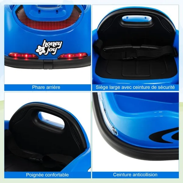 Auto Tamponneuse Électrique 360°/6V pour Enfants Télécommande 2.4G Double Joystick Lumières LED pour 1,5-6 Ans Bleu
