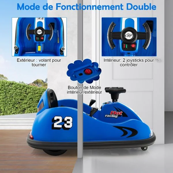Auto Tamponneuse Électrique 360°/6V pour Enfants Télécommande 2.4G Double Joystick Lumières LED pour 1,5-6 Ans Bleu