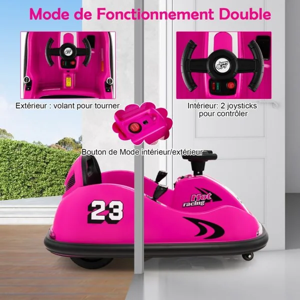 Auto Tamponneuse Électrique 360°/6V pour Enfants Télécommande 2.4G Double Joystick Lumières LED pour 1,5-6 Ans Rose