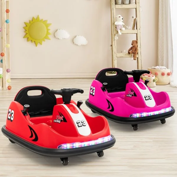 Auto Tamponneuse Électrique 360°/6V pour Enfants Télécommande 2.4G Double Joystick Lumières LED pour 1,5-6 Ans Rouge
