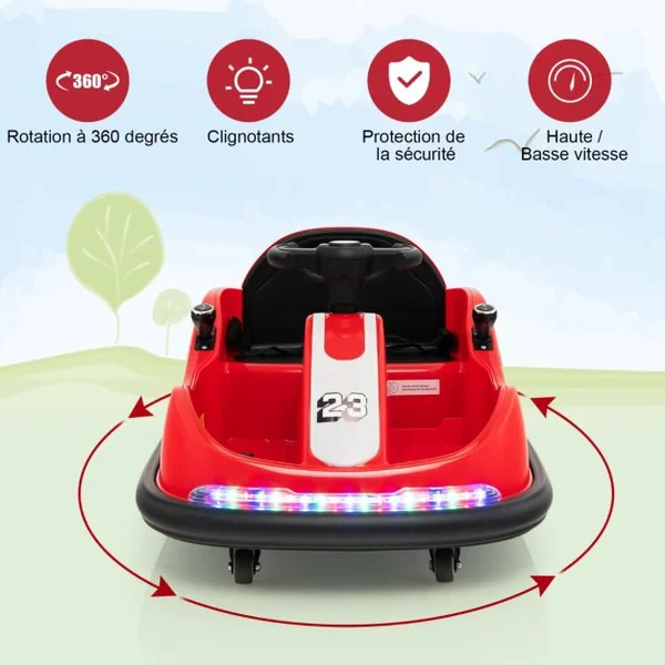 Auto Tamponneuse Électrique 360°/6V pour Enfants Télécommande 2.4G Double Joystick Lumières LED pour 1,5-6 Ans Rouge