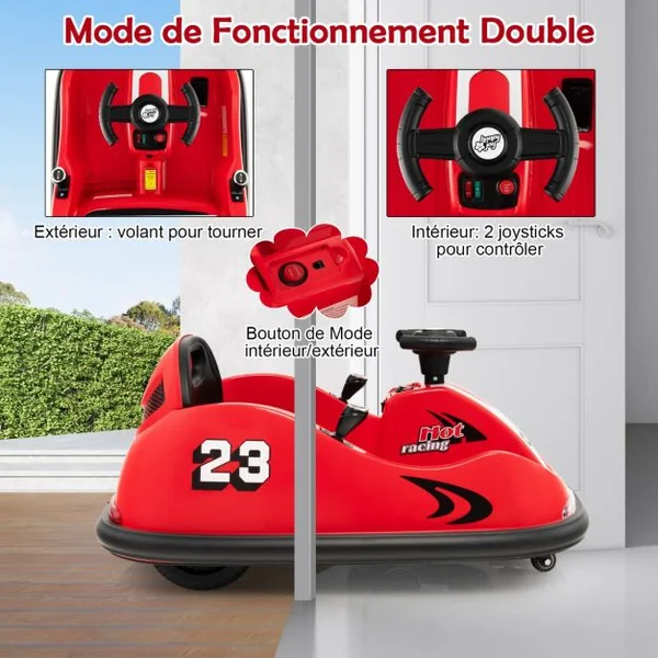 Auto Tamponneuse Électrique 360°/6V pour Enfants Télécommande 2.4G Double Joystick Lumières LED pour 1,5-6 Ans Rouge