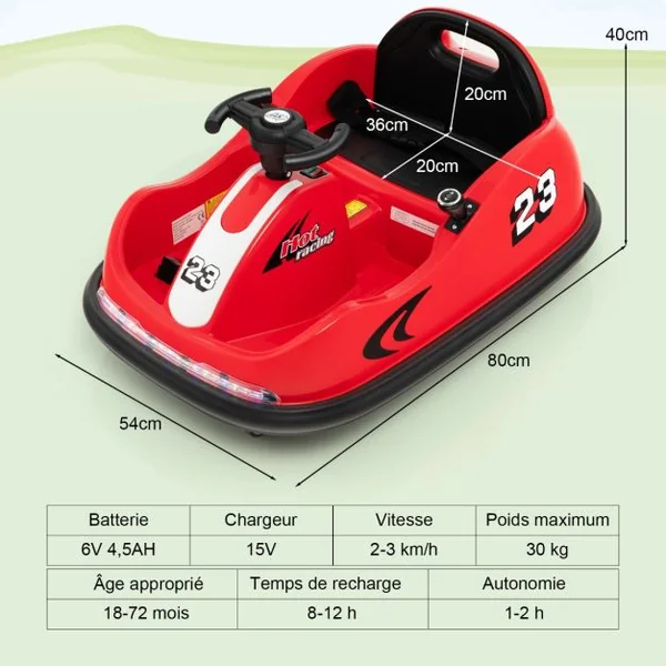Auto Tamponneuse Électrique 360°/6V pour Enfants Télécommande 2.4G Double Joystick Lumières LED pour 1,5-6 Ans Rouge