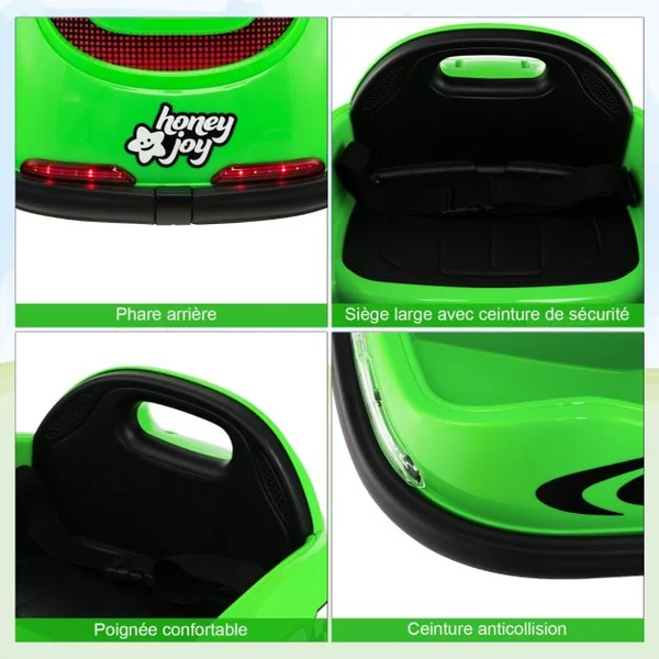 Auto Tamponneuse Électrique 360°/6V pour Enfants Télécommande 2.4G Double Joystick Lumières LED pour 1,5-6 Ans Vert