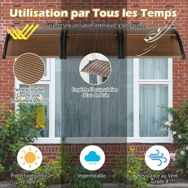Auvent Porte d'Entree Marquise de Porte et Fenêtre Extérieur Plaque en Polycarbonate Noir/Gris/Café/Blanc