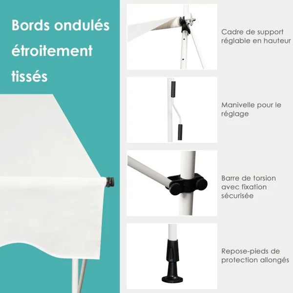Auvent Rétractable Manuel 150x125CM Hauteur Réglable 2-3M sans Perçage en Métal et Tissu pour Fenêtre Balcon ou Jardin Beige/Gris/Rouge/Vert/Café