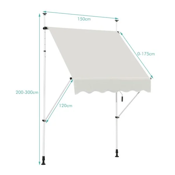 Auvent Rétractable Manuel 150x125CM Hauteur Réglable 2-3M sans Perçage en Métal et Tissu pour Fenêtre Balcon ou Jardin Beige/Gris/Rouge/Vert/Café