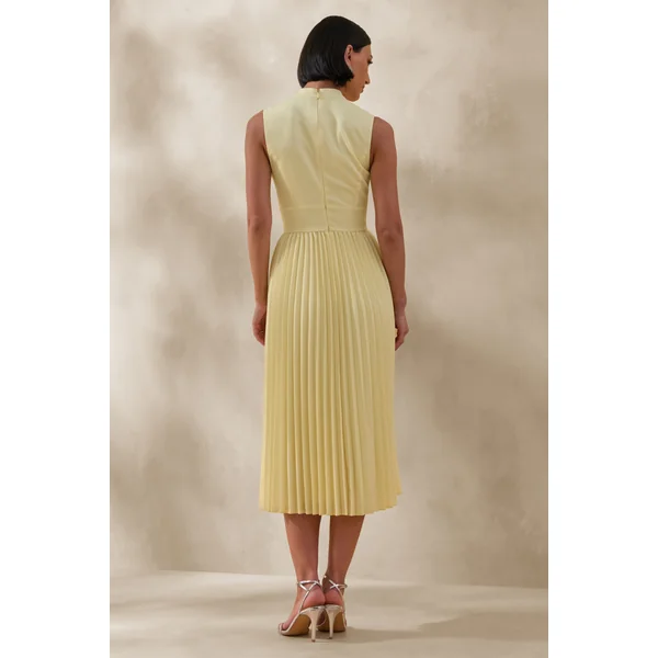 Avalon | Robe mi-longue citron avec jupe plissée et détail nœud