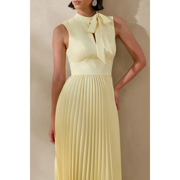 Avalon | Robe mi-longue citron avec jupe plissée et détail nœud