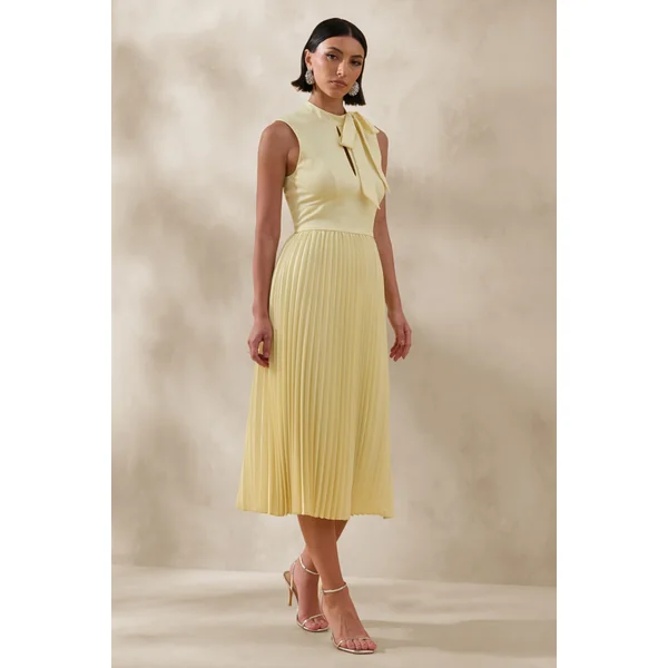 Avalon | Robe mi-longue citron avec jupe plissée et détail nœud