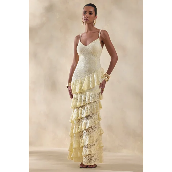 Avelisse | Robe longue citron en dentelle à encolure plongeante avec détails volantés