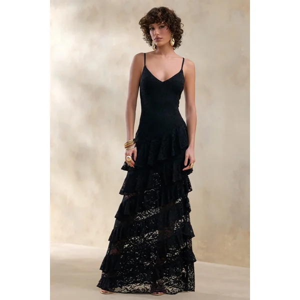 Avelisse | Robe longue noire en dentelle à encolure plongeante avec détails volantés