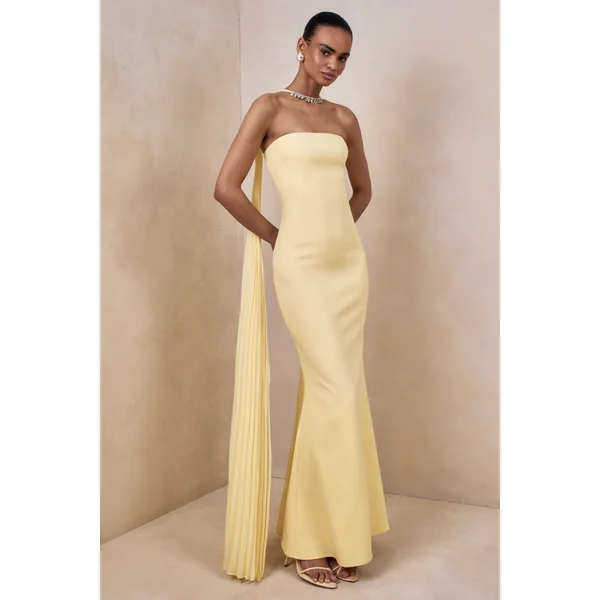 Avery | Robe longue citron à col bandeau avec détail de foulard orné