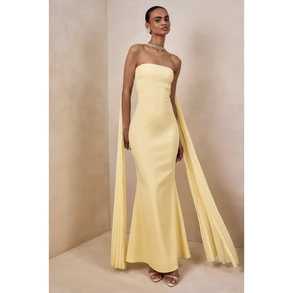 Avery | Robe longue citron à col bandeau avec détail de foulard orné