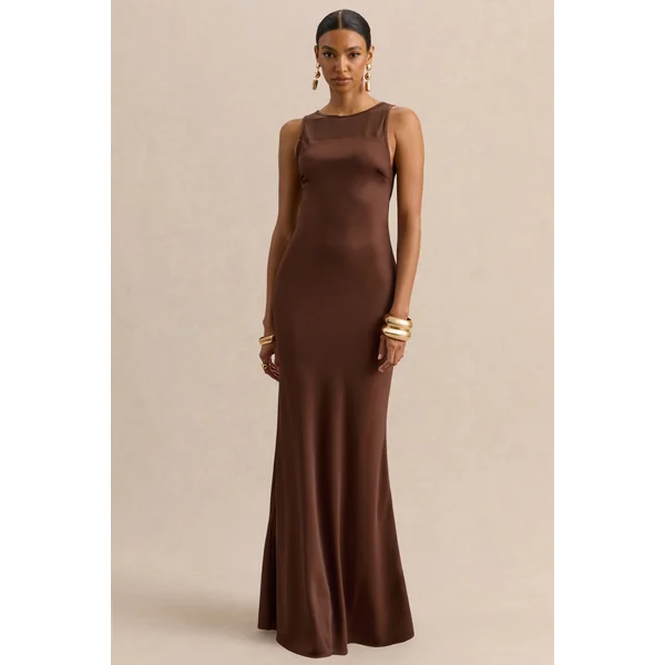 Avessia | Robe longue marron en satin avec col rond et détails en tissu transparent