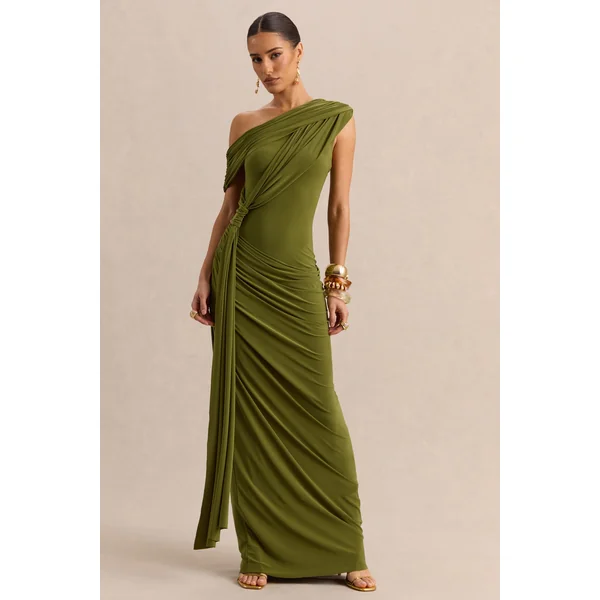 Avialee | Robe longue verte à encolure asymétrique avec détails froncés et écharpe