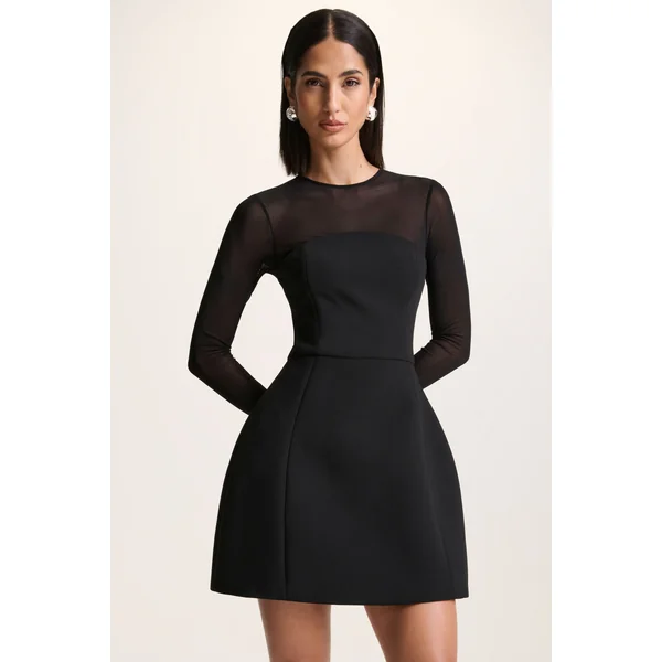Aviana | Mini-robe noire en mesh à encolure ras-du-cou