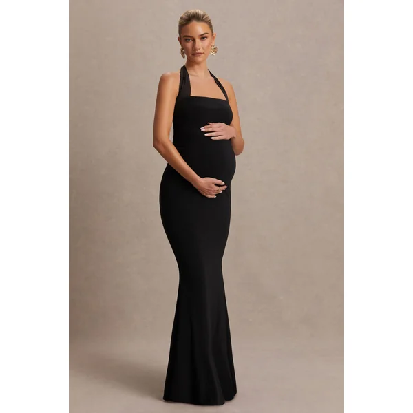Avielle | Robe longue de maternité noire à encolure américaine