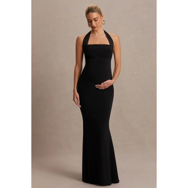 Avielle | Robe longue de maternité noire à encolure américaine