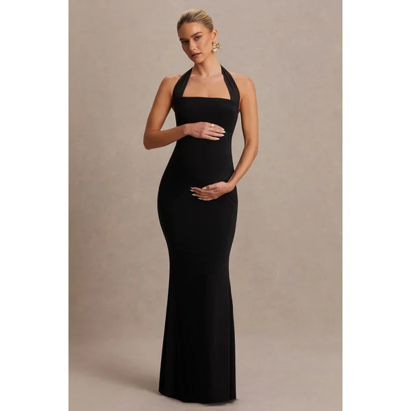 Avielle | Robe longue de maternité noire à encolure américaine
