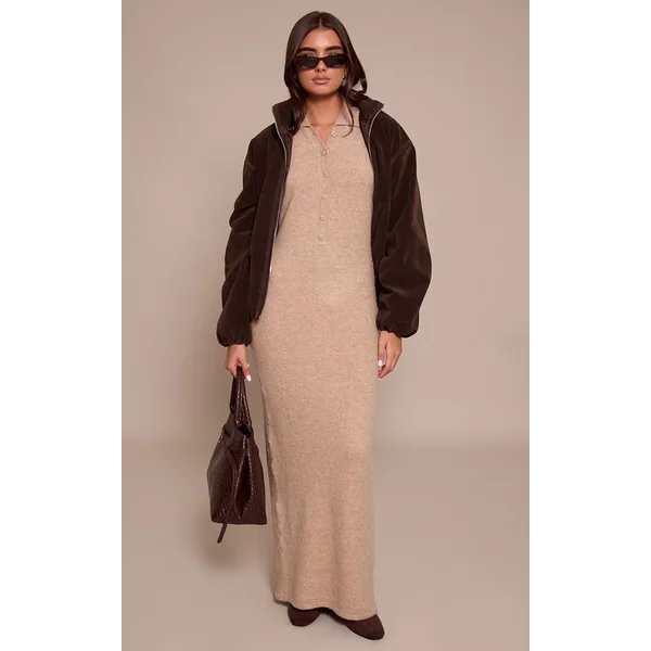 Avoine Robe Maxi En Maille Bouclette Douce Avec Col Et Boutonnière
