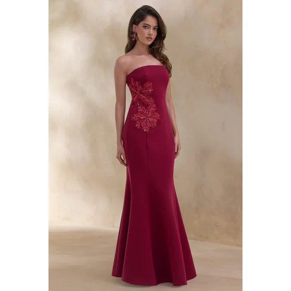 Aylana | Robe longue bordeaux à décolleté bandeau avec détails ornés