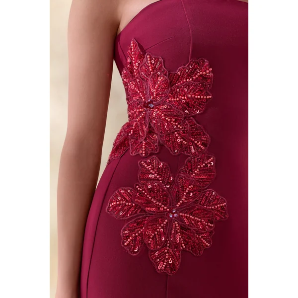 Aylana | Robe longue bordeaux à décolleté bandeau avec détails ornés