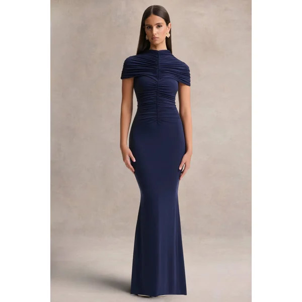 Azaria | Robe longue bleu marine à col montant et détails froncés