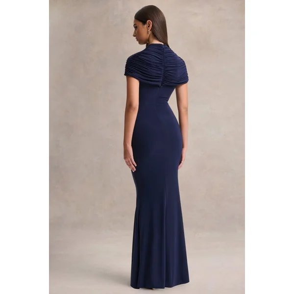 Azaria | Robe longue bleu marine à col montant et détails froncés