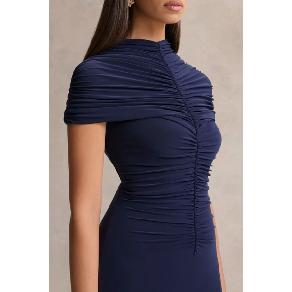 Azaria | Robe longue bleu marine à col montant et détails froncés