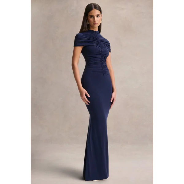 Azaria | Robe longue bleu marine à col montant et détails froncés