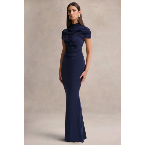 Azaria | Robe longue bleu marine à col montant et détails froncés