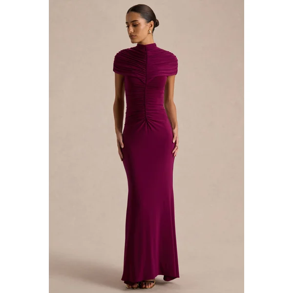 Azaria | Robe longue bordeaux à col montant et détails froncés