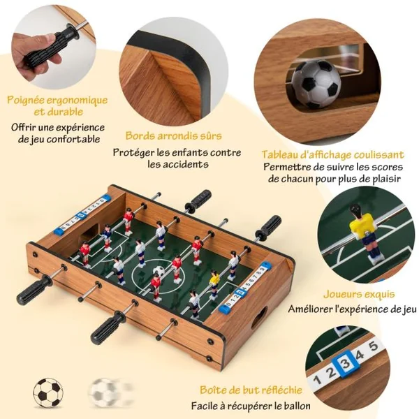 Baby Foot Adulte avec 2 Panneaux de Score 2 Balles Jeu de Table Soccer 51 x 30,5 x 9 CM