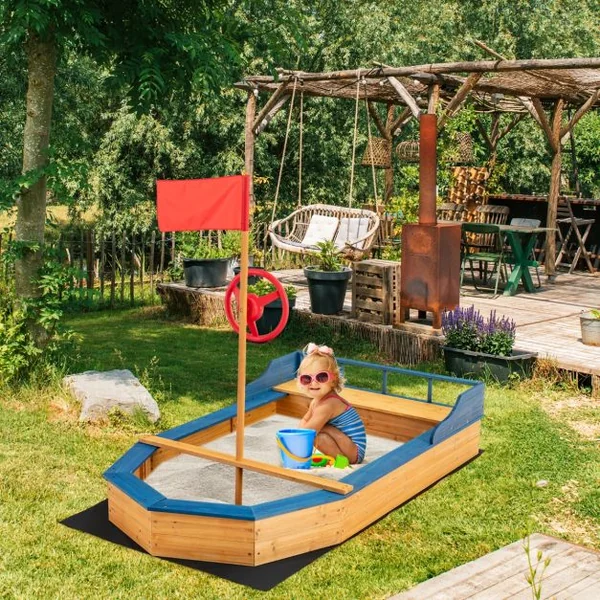 Bac à Sable en Bois pour Bateau de Pirate avec Banquette et Drapeau Grande Boîte à Sable pour Enfant 171 x 130 x 100 cm