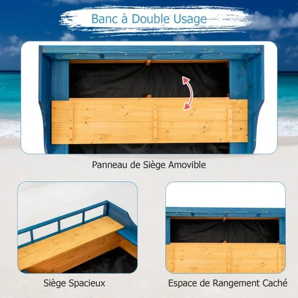 Bac à Sable en Bois pour Bateau de Pirate avec Banquette et Drapeau Grande Boîte à Sable pour Enfant 171 x 130 x 100 cm
