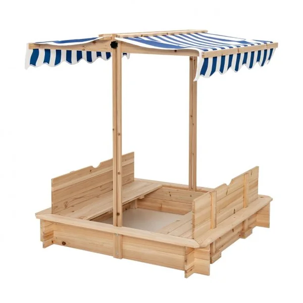 Bac à Sable en Bois pour Enfants de 3 à 6 Ans avec Bancs Convertibles et Auvent Réglable en Hauteur 110 x 107 x 121cm