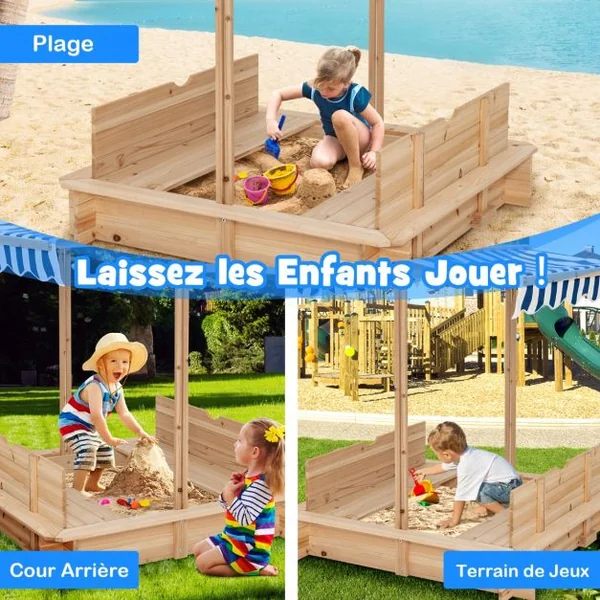 Bac à Sable en Bois pour Enfants de 3 à 6 Ans avec Bancs Convertibles et Auvent Réglable en Hauteur 110 x 107 x 121cm