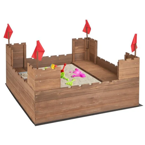 Bac à Sable Enfants Bois de Cèdre 2 Bancs Charge 50kg 2 Boîte de Rangement Amovibles 4 Drapeaux Capacité de Sable 120L