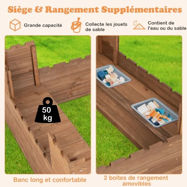 Bac à Sable Enfants Bois de Cèdre 2 Bancs Charge 50kg 2 Boîte de Rangement Amovibles 4 Drapeaux Capacité de Sable 120L