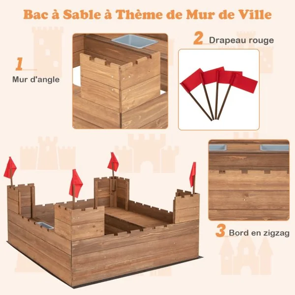 Bac à Sable Enfants Bois de Cèdre 2 Bancs Charge 50kg 2 Boîte de Rangement Amovibles 4 Drapeaux Capacité de Sable 120L