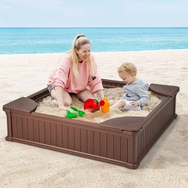 Bac à Sable Enfants Carré en HDPE avec 4 Sièges d'Angle Bac à Sable avec Couvercle en Oxford et Doublure de Sol Charge 50kg pour 4 Enfants de 3 Ans+ Marron