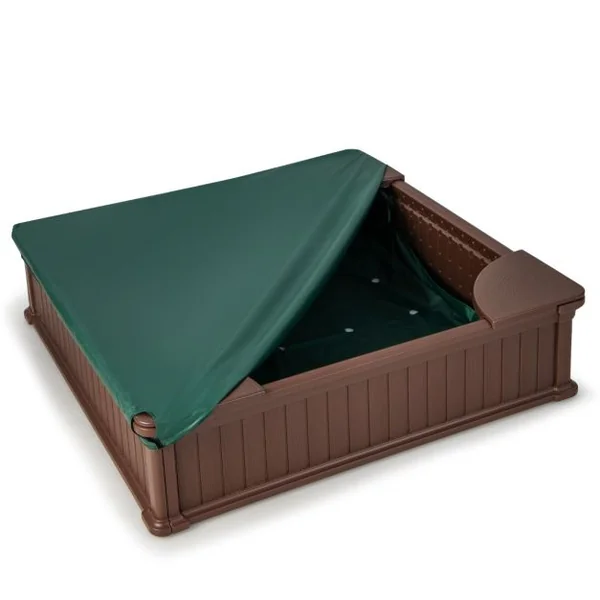 Bac à Sable Enfants Carré en HDPE avec 4 Sièges d'Angle Bac à Sable avec Couvercle en Oxford et Doublure de Sol Charge 50kg pour 4 Enfants de 3 Ans+ Marron