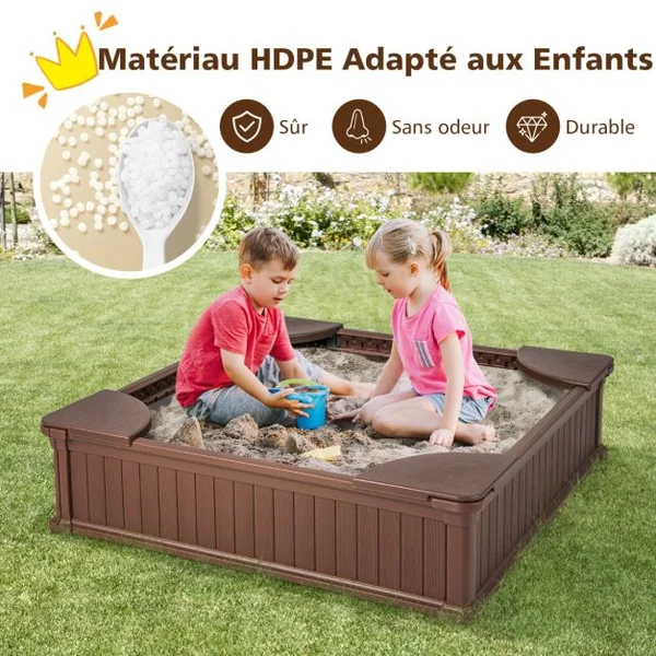 Bac à Sable Enfants Carré en HDPE avec 4 Sièges d'Angle Bac à Sable avec Couvercle en Oxford et Doublure de Sol Charge 50kg pour 4 Enfants de 3 Ans+ Marron