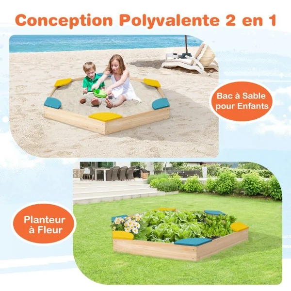 Bac à Sable Hexagone pour Enfants avec 6 Sièges en Bois de cèdre Multicolore 3 Ans+