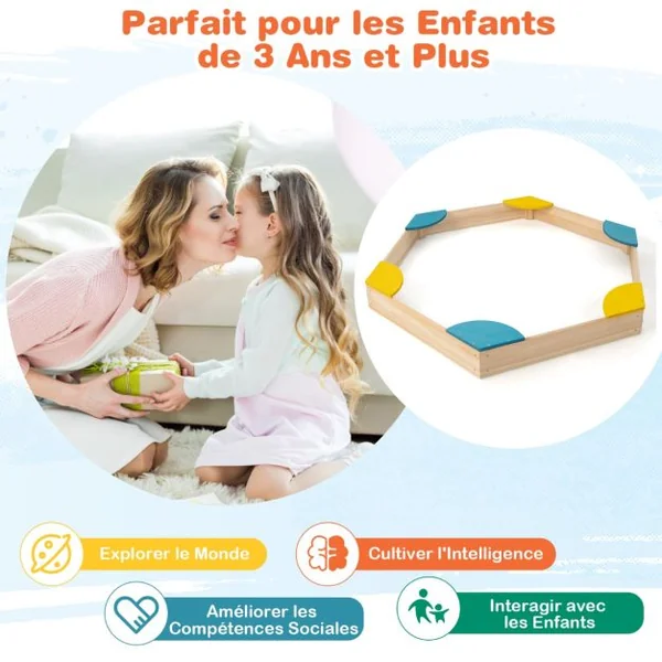 Bac à Sable Hexagone pour Enfants avec 6 Sièges en Bois de cèdre Multicolore 3 Ans+