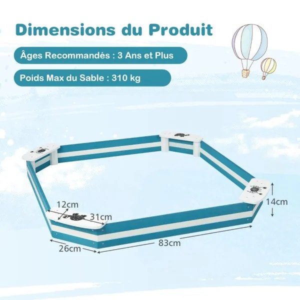 Bac à Sable pour Enfants 126 x 126 x 14 cm 4 Sièges Intégrés en Bois de Cèdre Sans Fond pour 3 Ans+