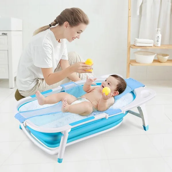 Baignoire Bébé Pliable avec Coussinet Suspension en Maille et Tapis Antidérapant 86 x 51,5 x 23cm