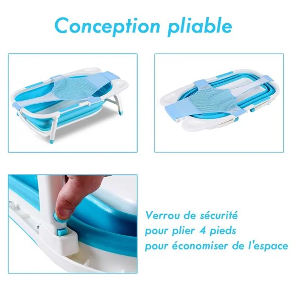 Baignoire Bébé Pliable avec Coussinet Suspension en Maille et Tapis Antidérapant 86 x 51,5 x 23cm
